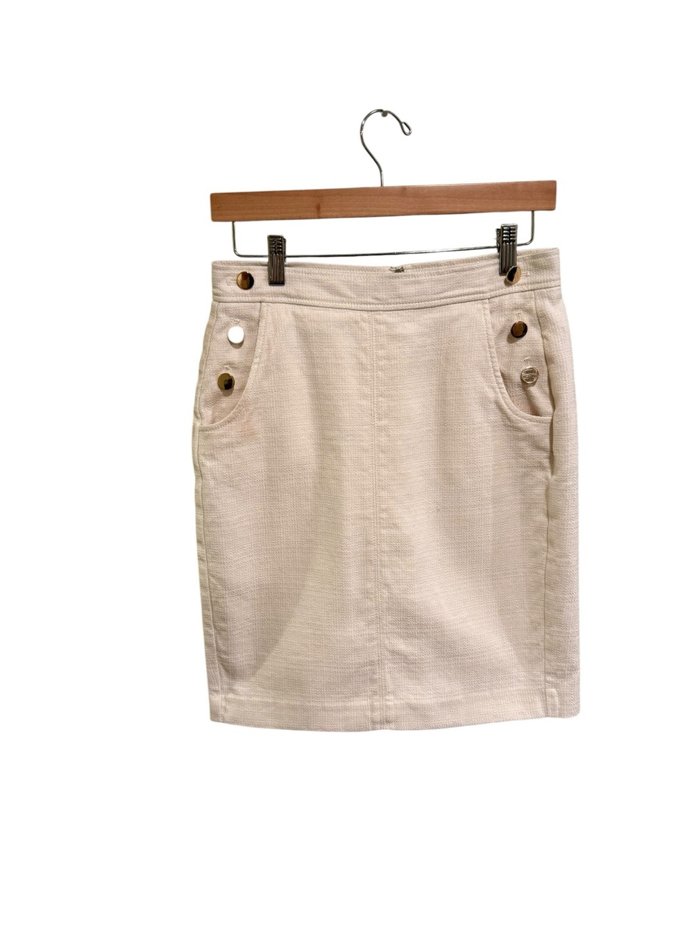 LOFT Cream Button-Pocket Pencil Skirt in a Textured Cotton - Size 4